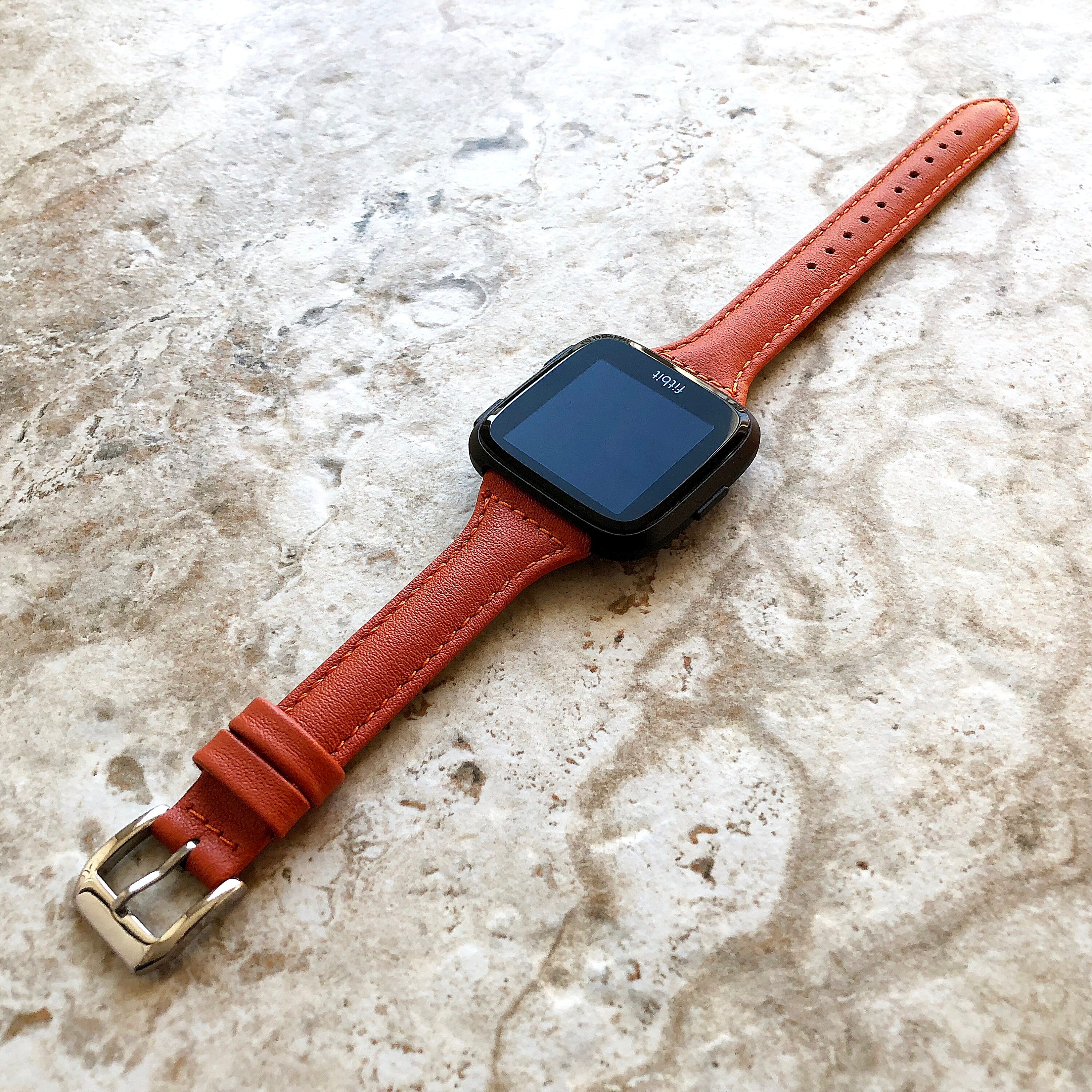 Fitbit Versa Lite 2 3 4 Sense 2 Band Orange Slim Elegant Leather Strap with Stitching Details Quick Release Pins Adapters Silver Rose Gold